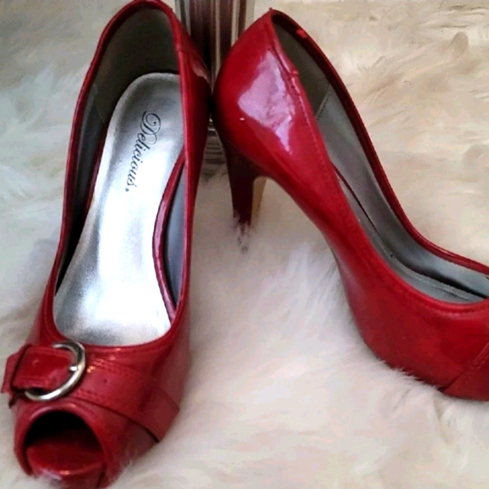 Red peep toe pumps